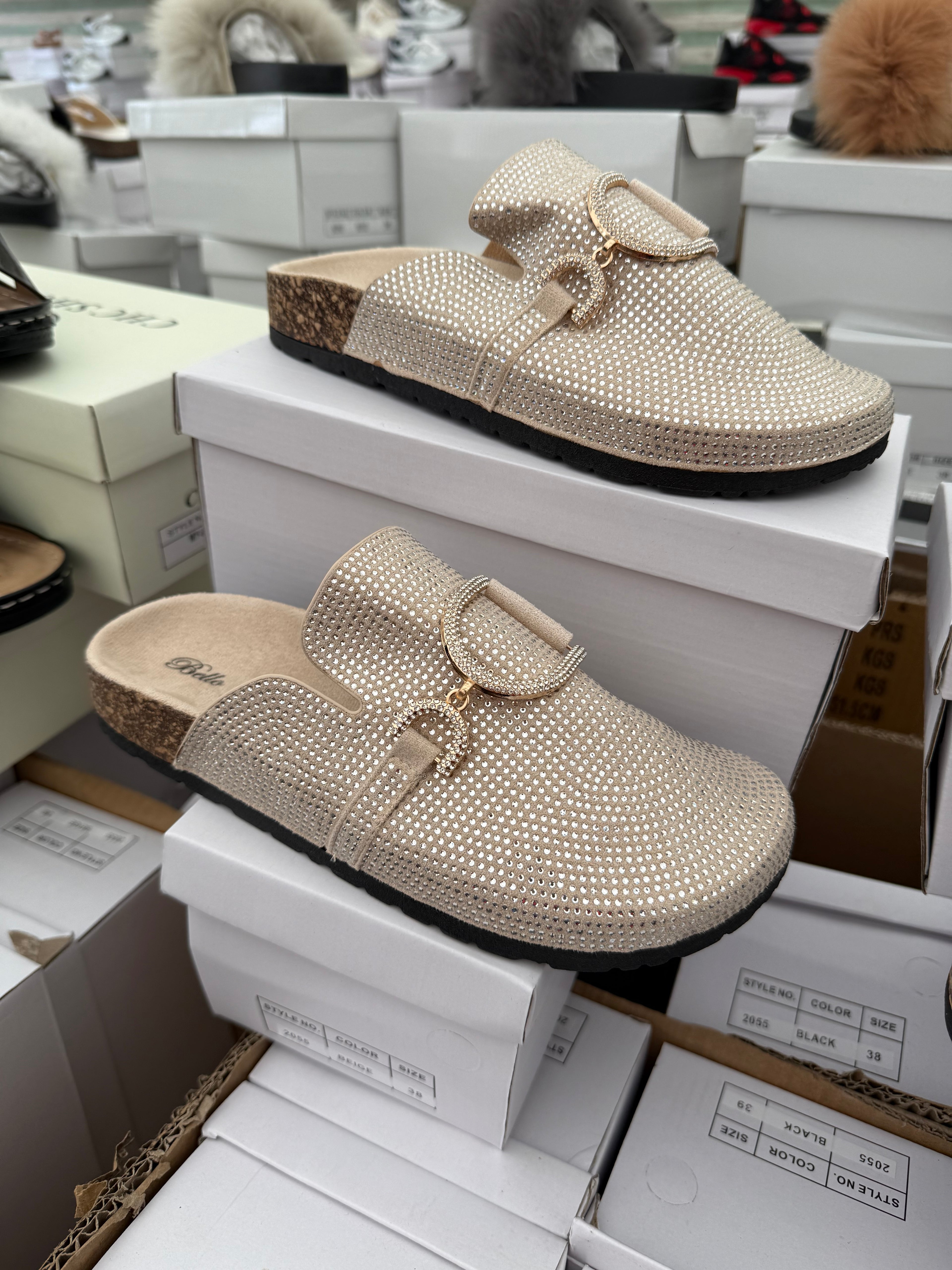 Diamanté D Closed Toe Sliders - Beige
