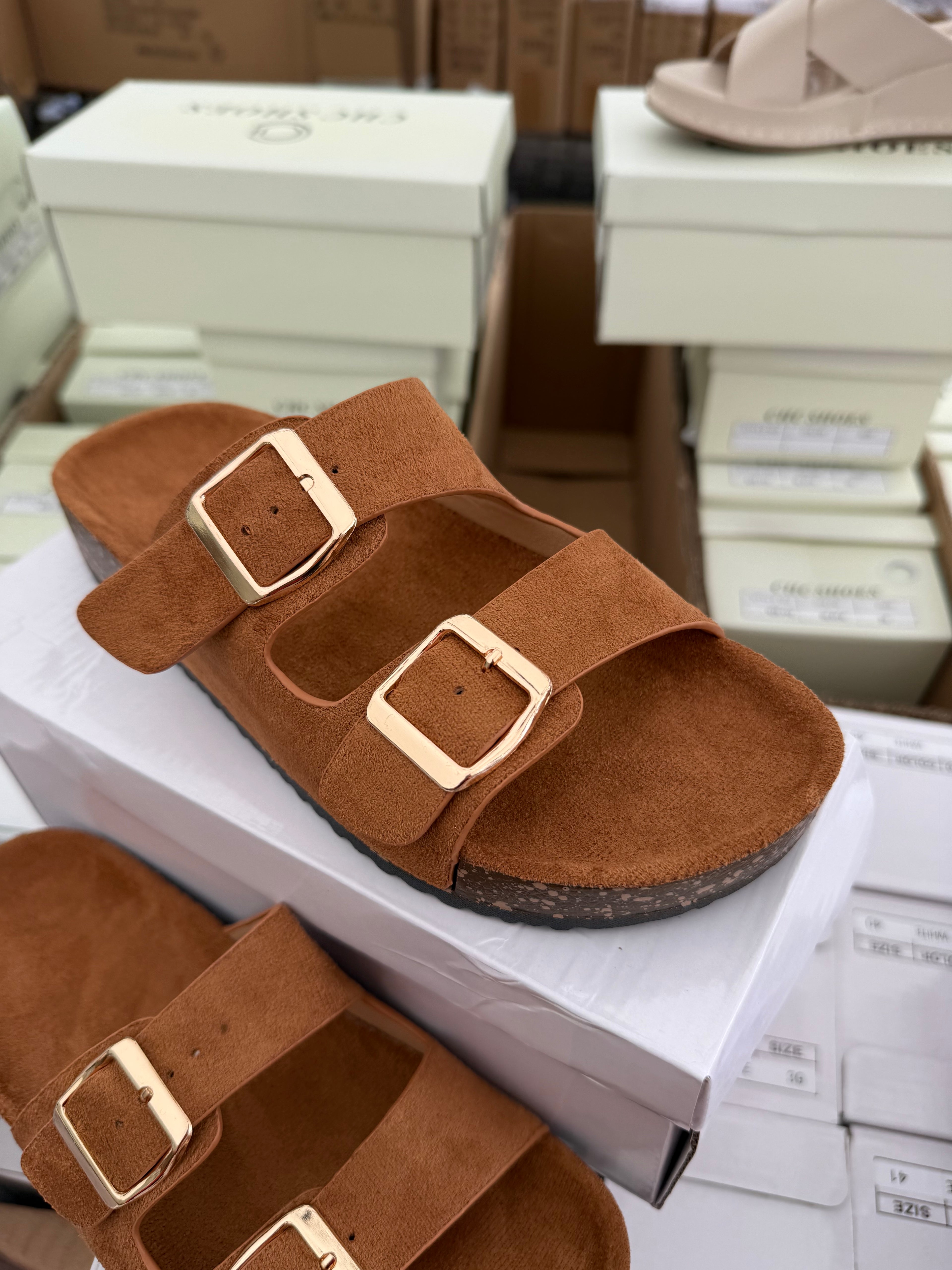 Double Strap Buckle Slider 2  - Brown