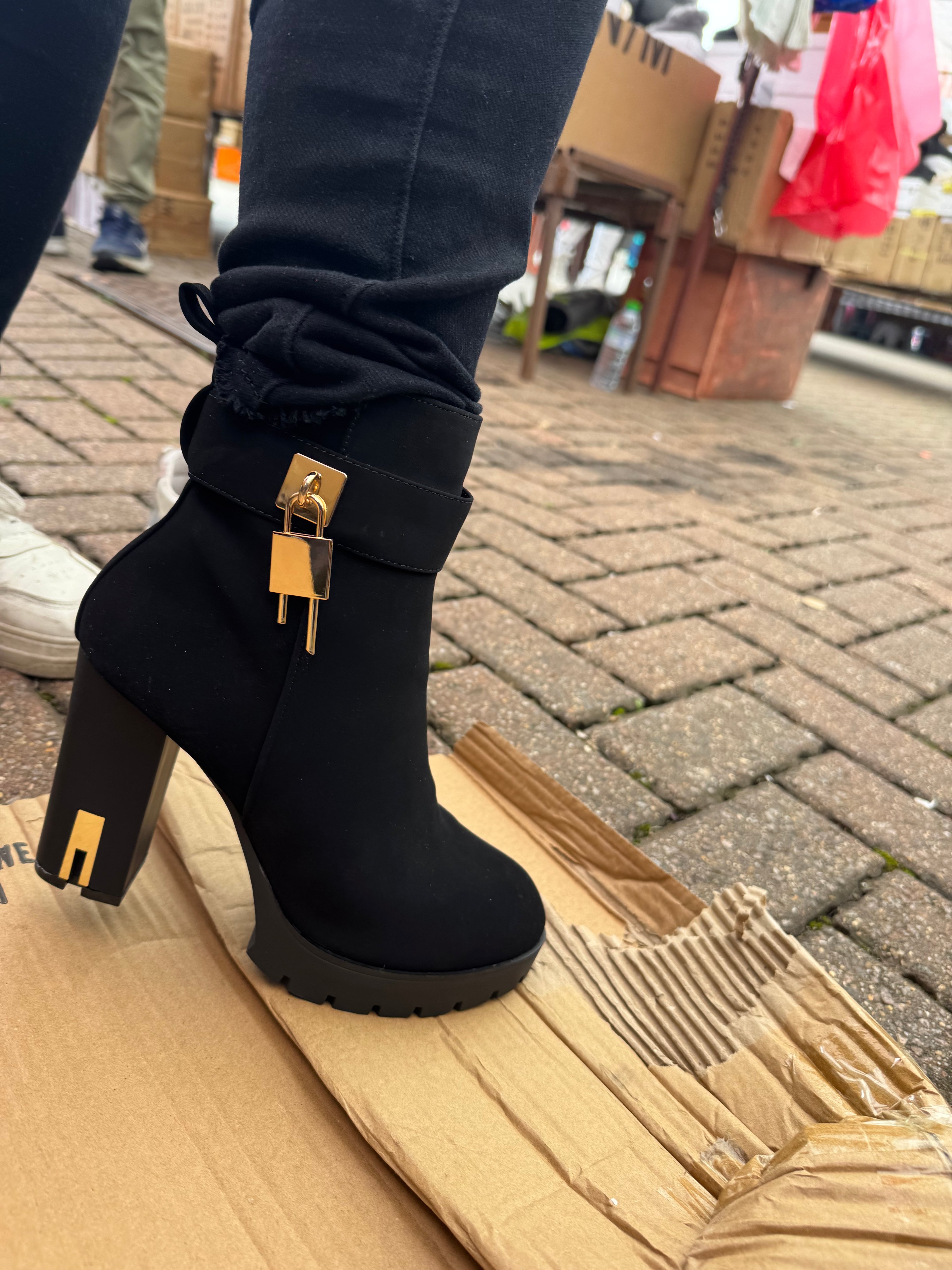 Black ankle boots gold padlock