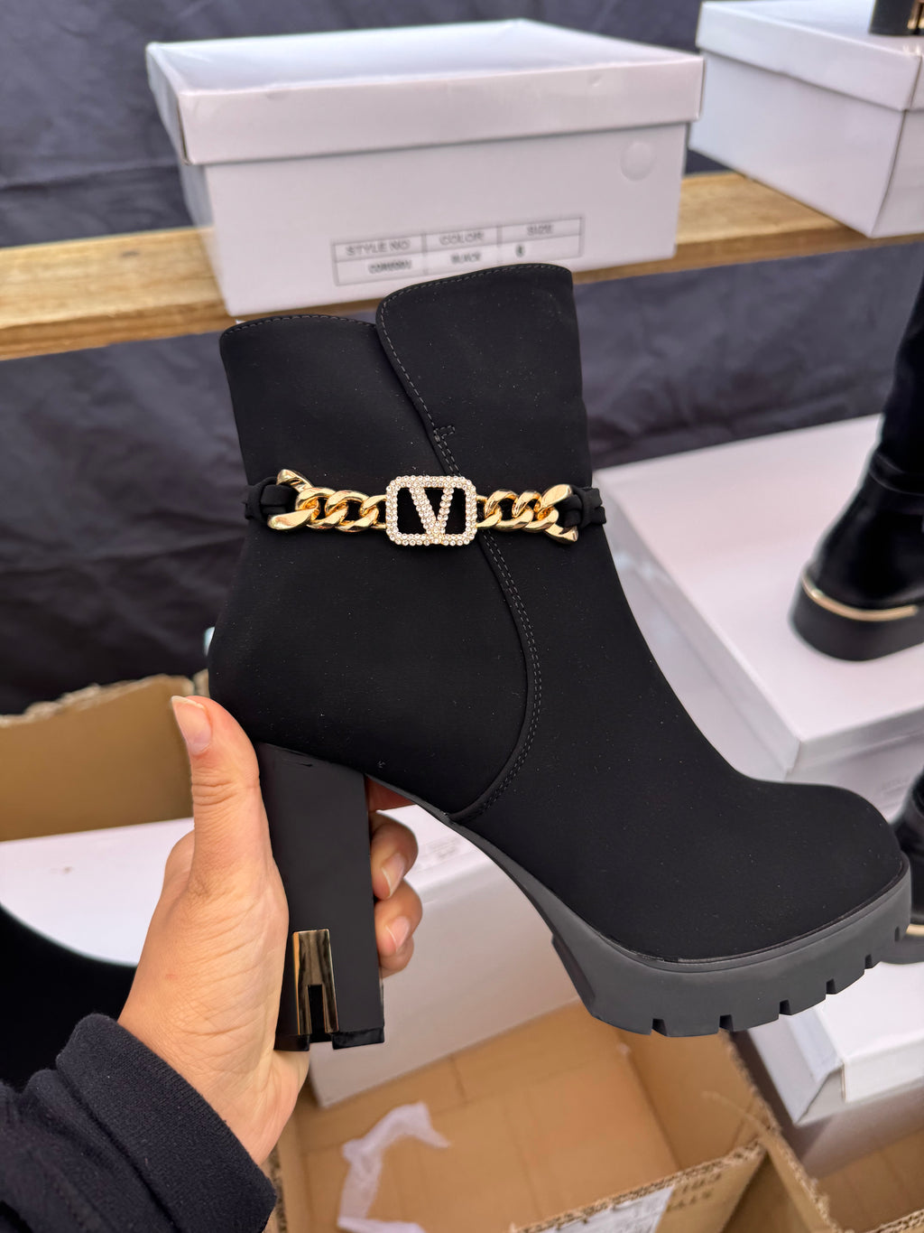 black and gold diamonte v chain ankle boots with gold heel accent