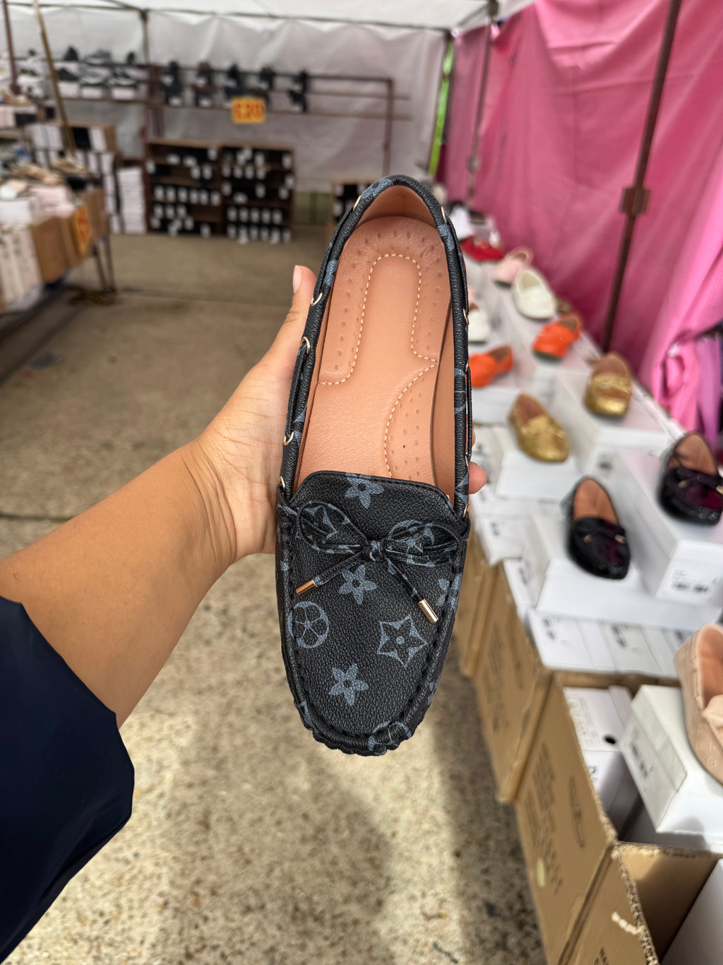 Black Bow Detailed Patterned Flat Loafers