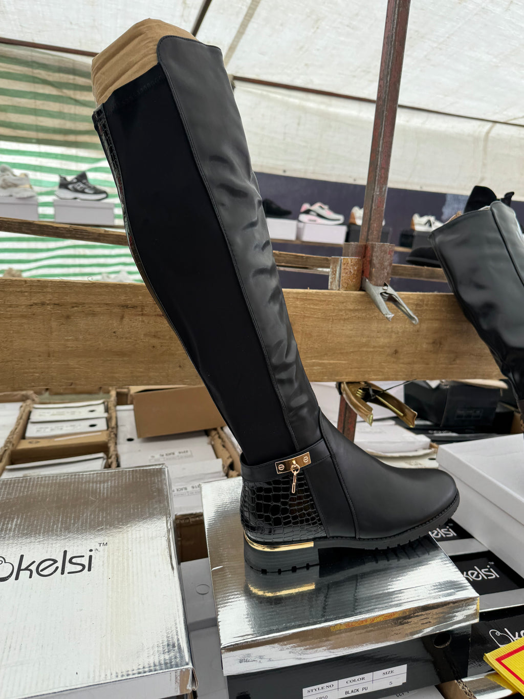 Womens Knee high boots black and gold accent