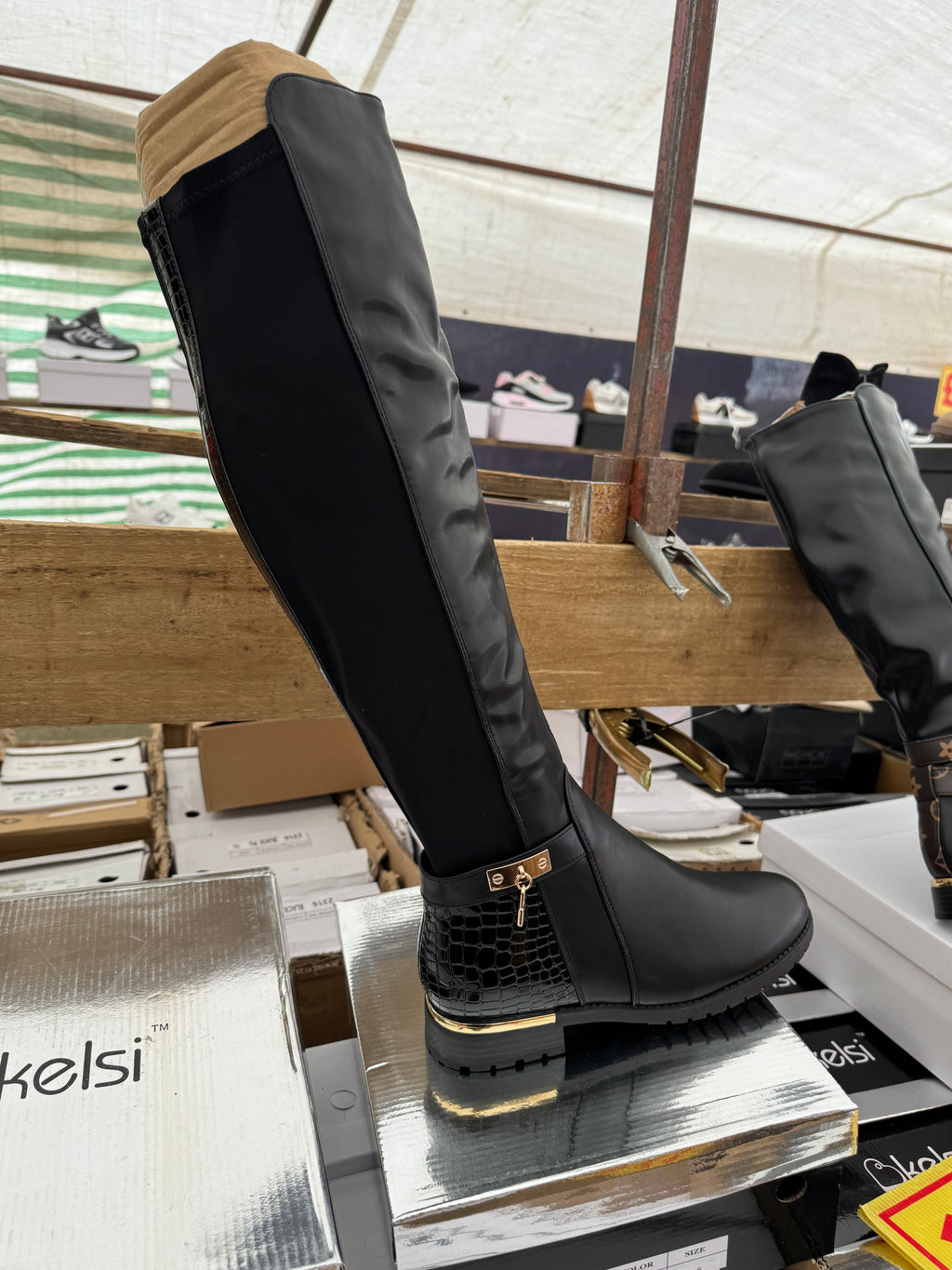 Knee high boots black and gold accent