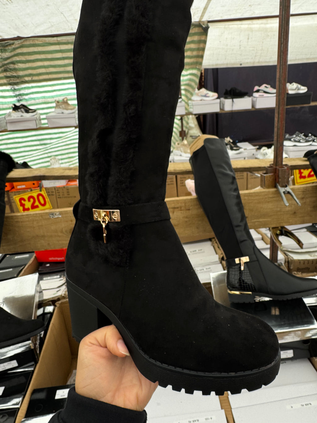 Knee high boots black and gold accent