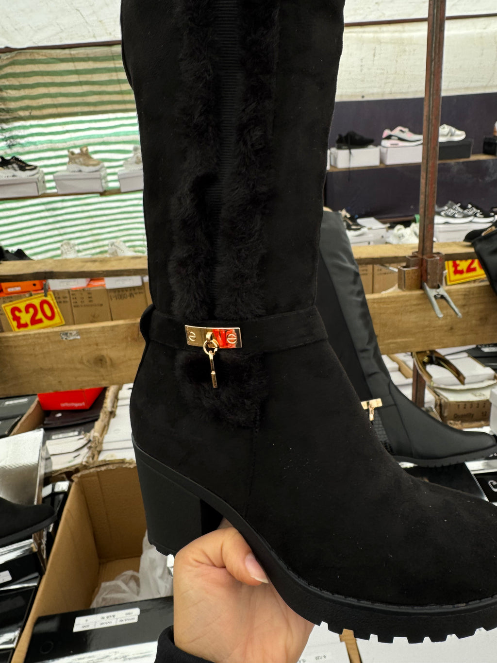 Knee high boots black and gold accent