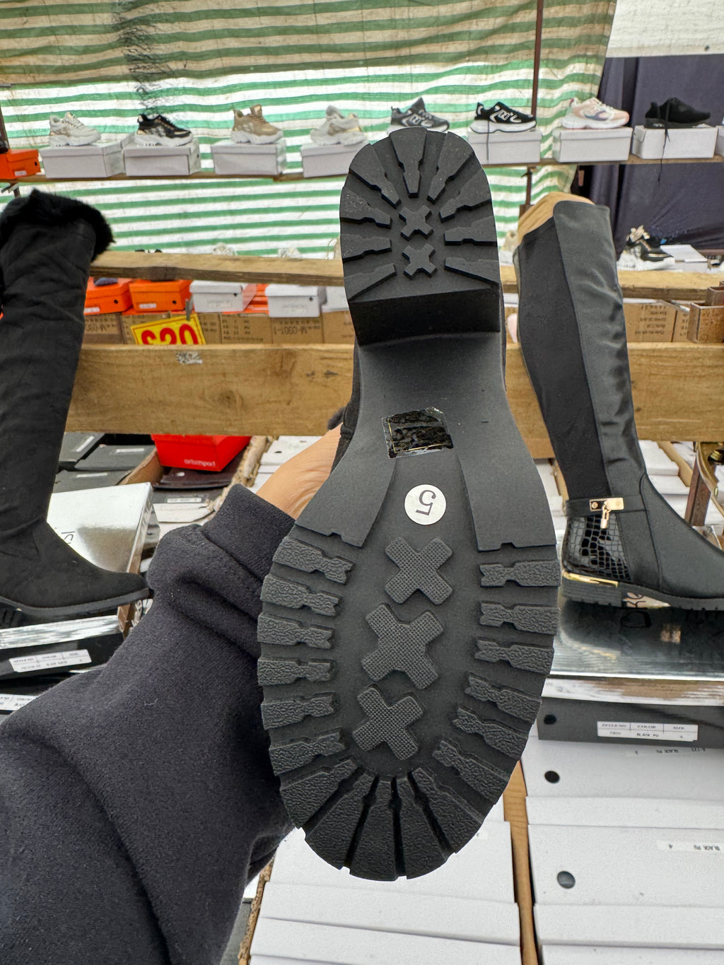 Knee high boots black and gold accent