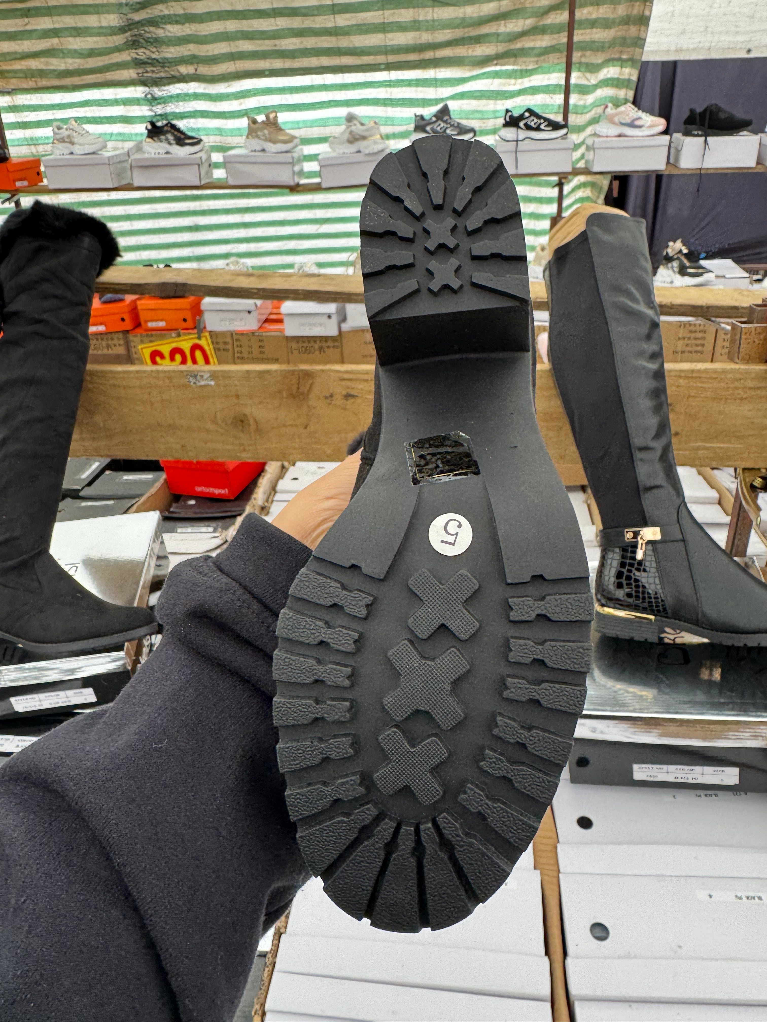 Knee high boots black and gold accent