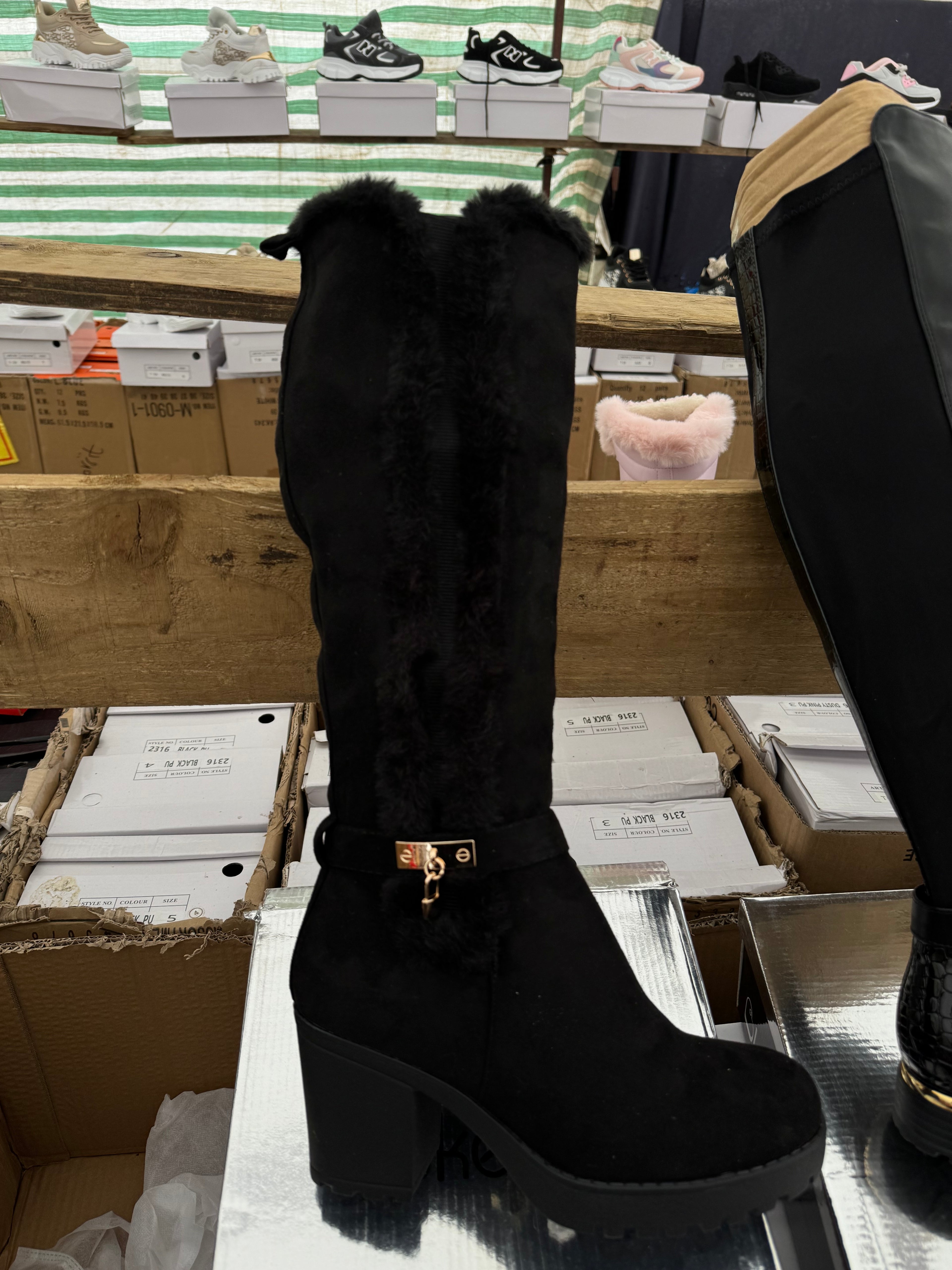 Knee high boots black and gold accent