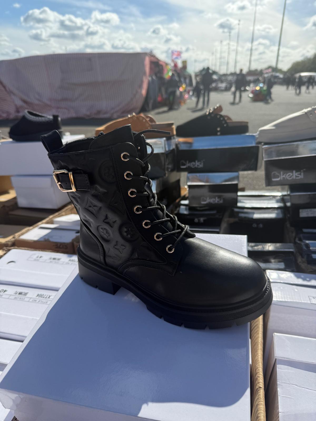 Ladies Patterned Combat Boots in Black or Brown