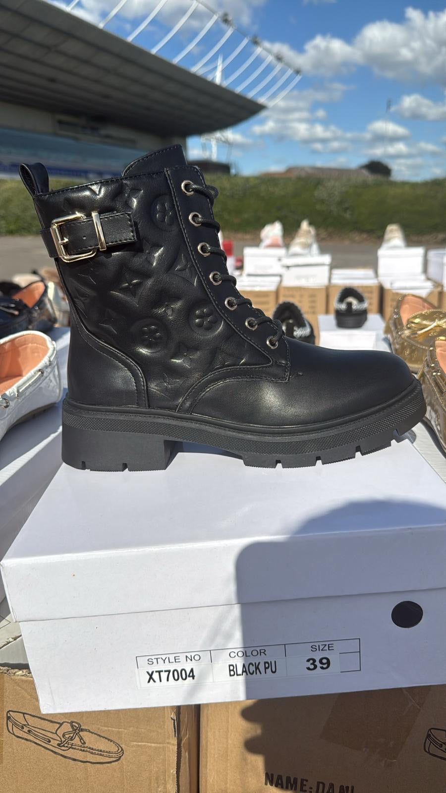 Ladies Patterned Combat Boots in Black or Brown