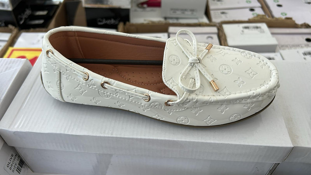 White patterned loafers for ladies/women with padded sole and cute bow details