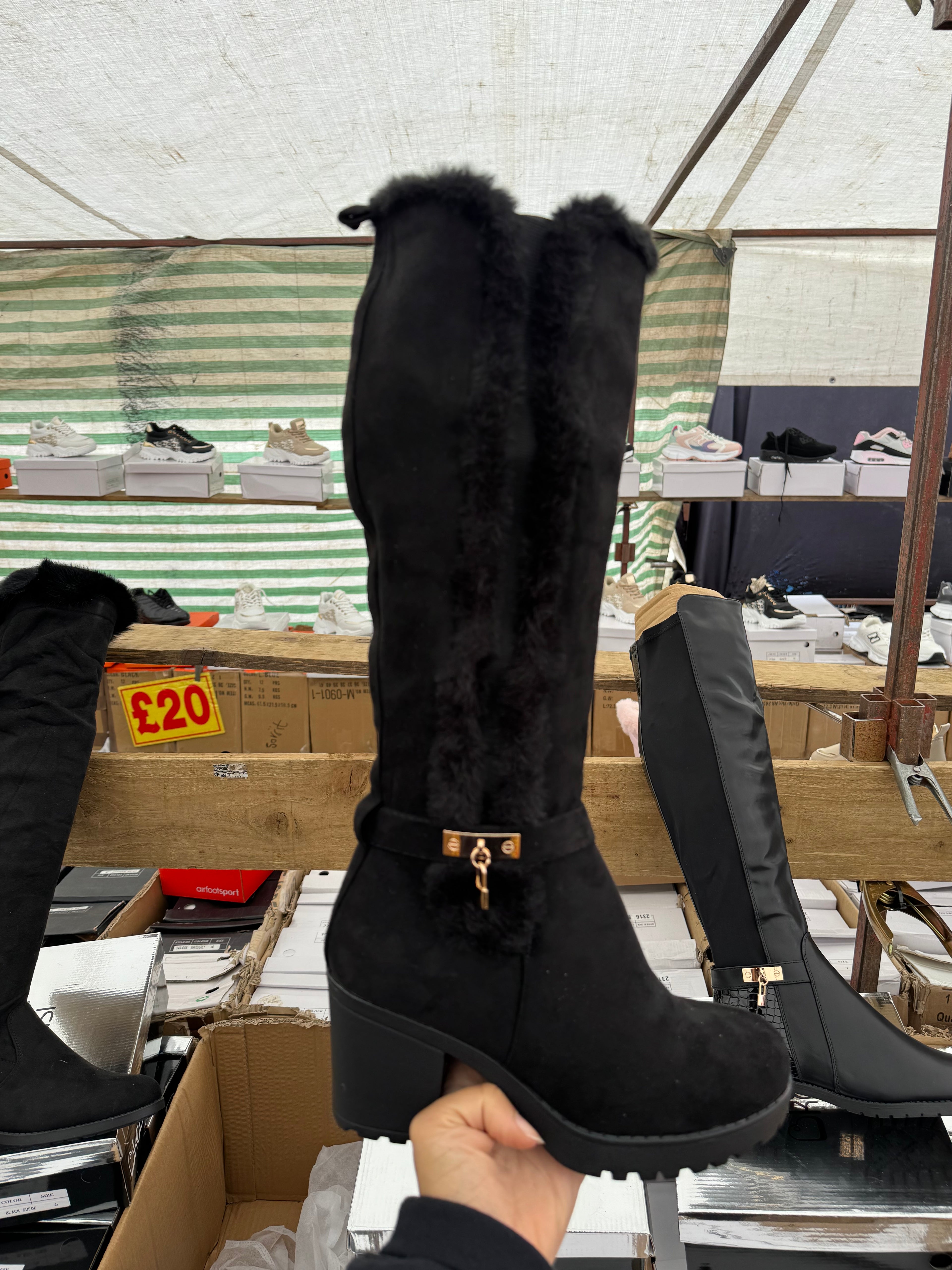 Knee high boots black and gold accent