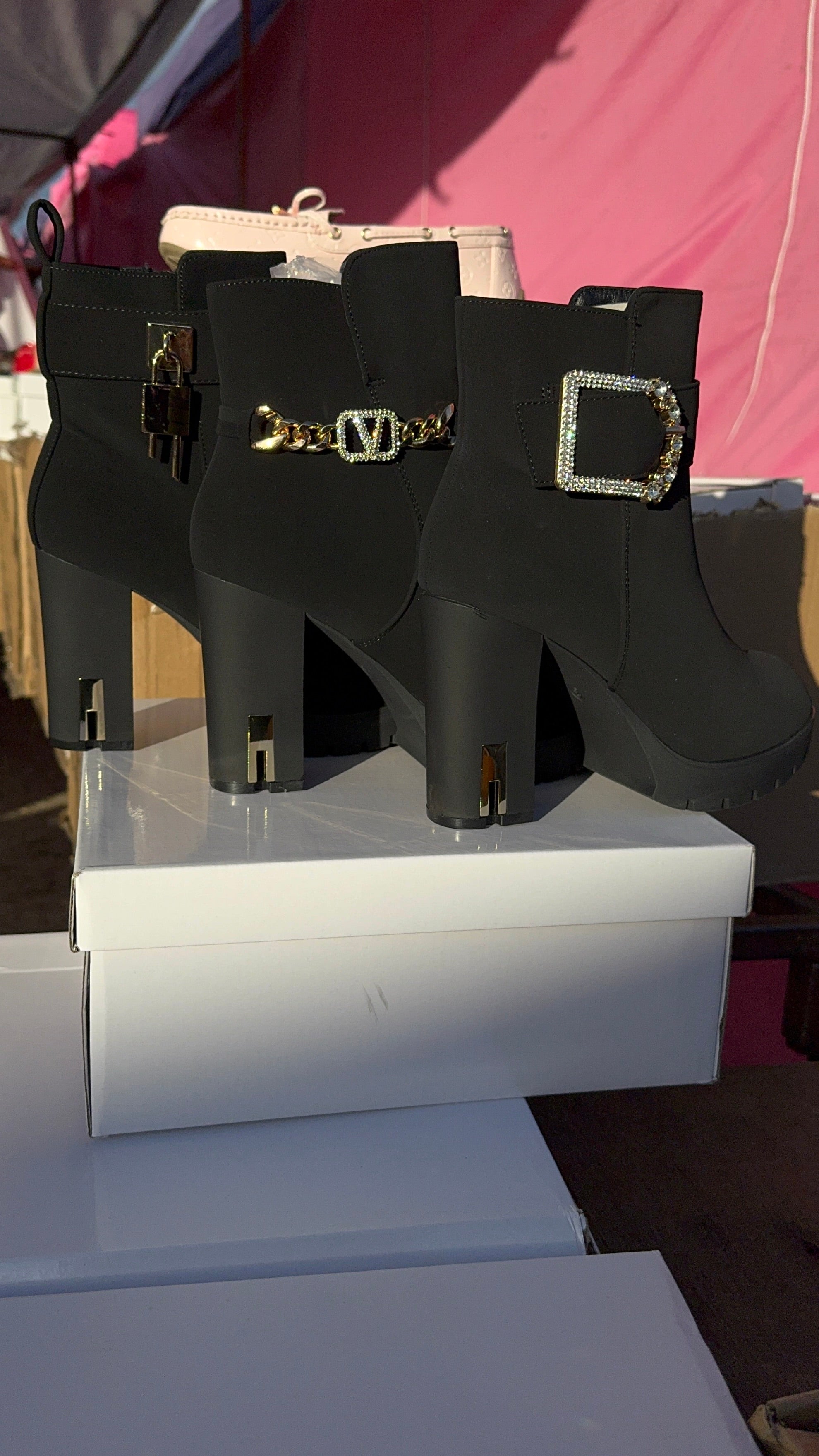 black and gold diamante v chain ankle boots with gold heel accent