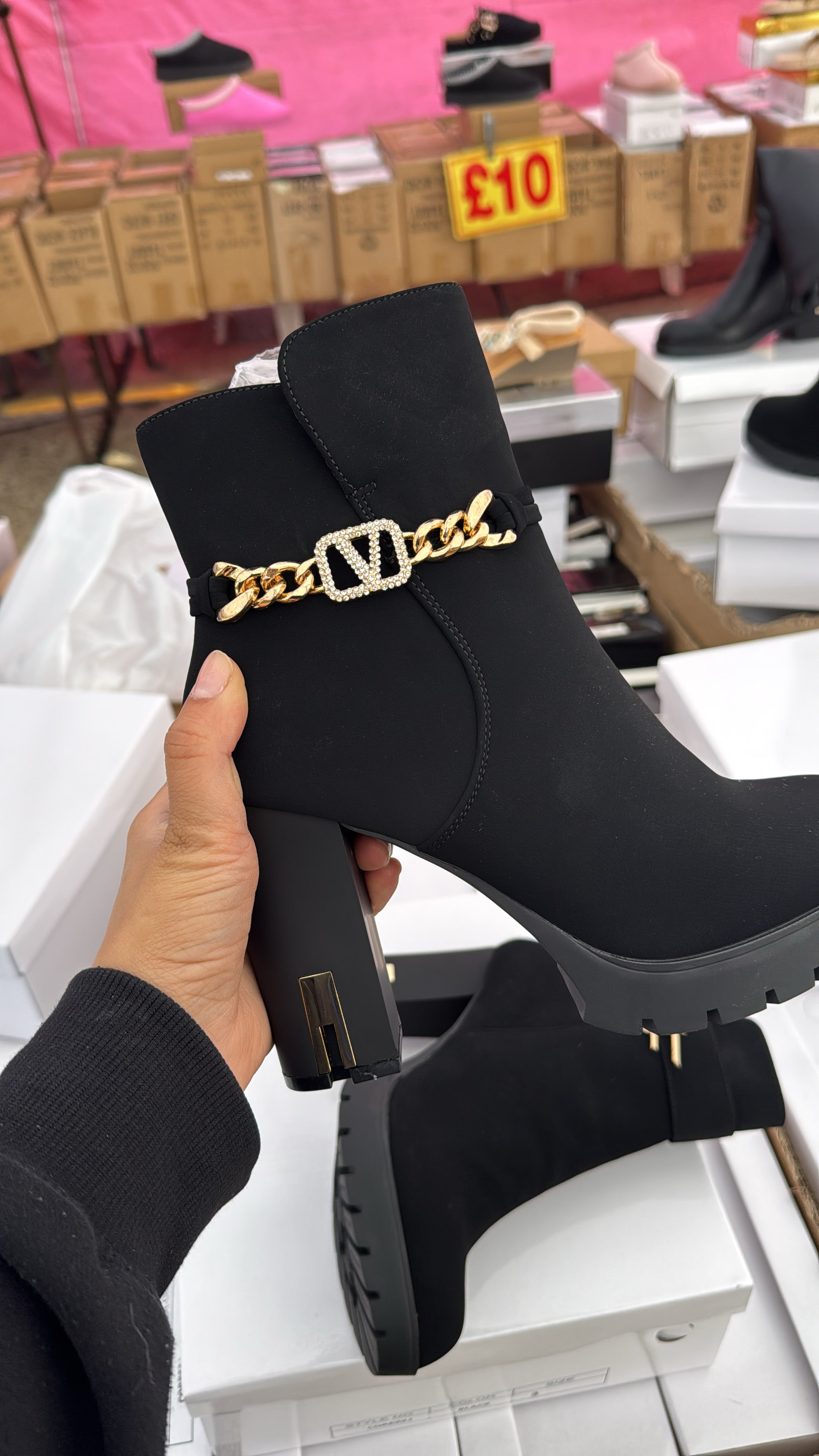 black and gold diamonte v chain ankle boots with gold heel accent