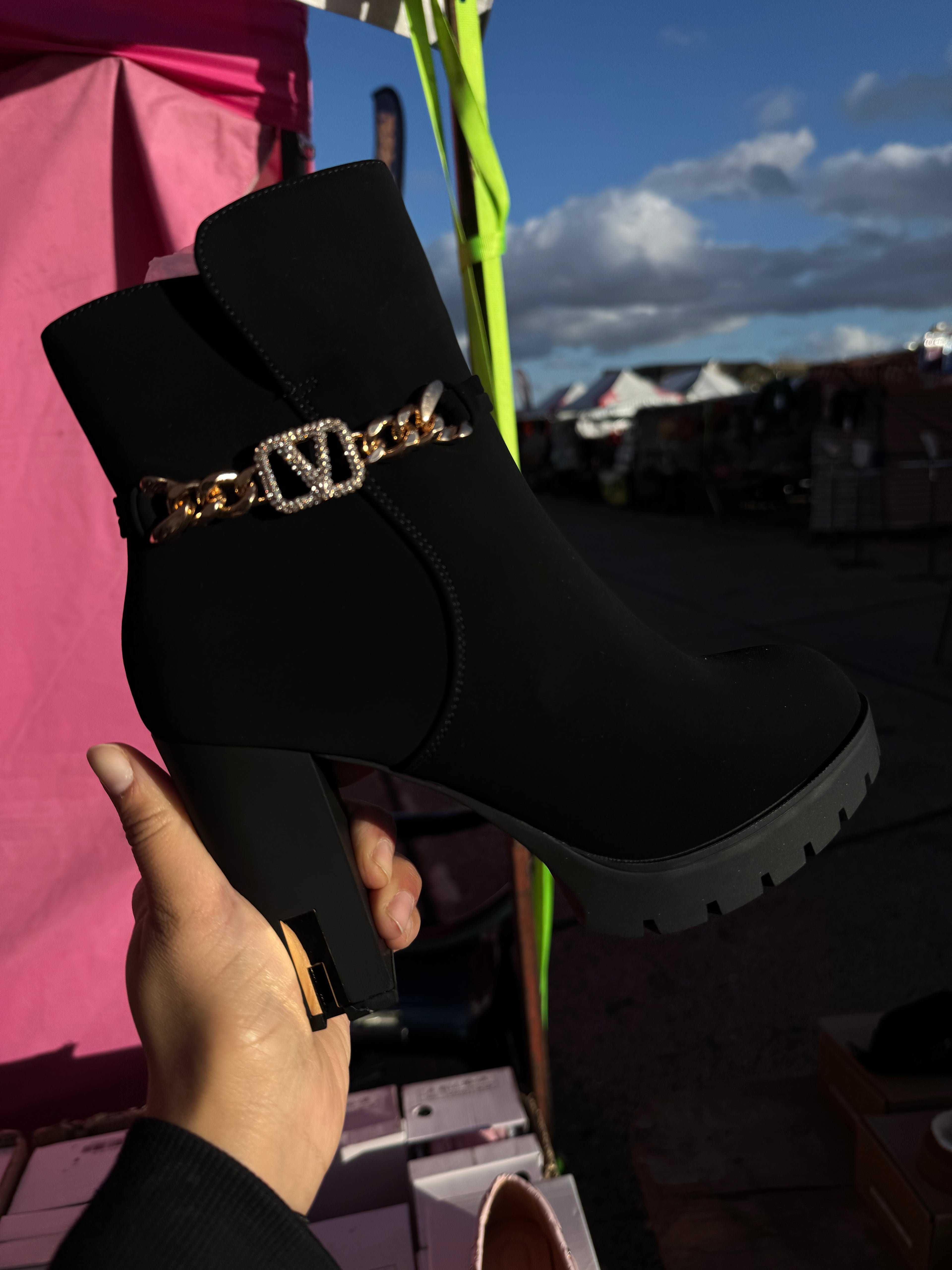 black and gold diamonte v chain ankle boots with gold heel accent