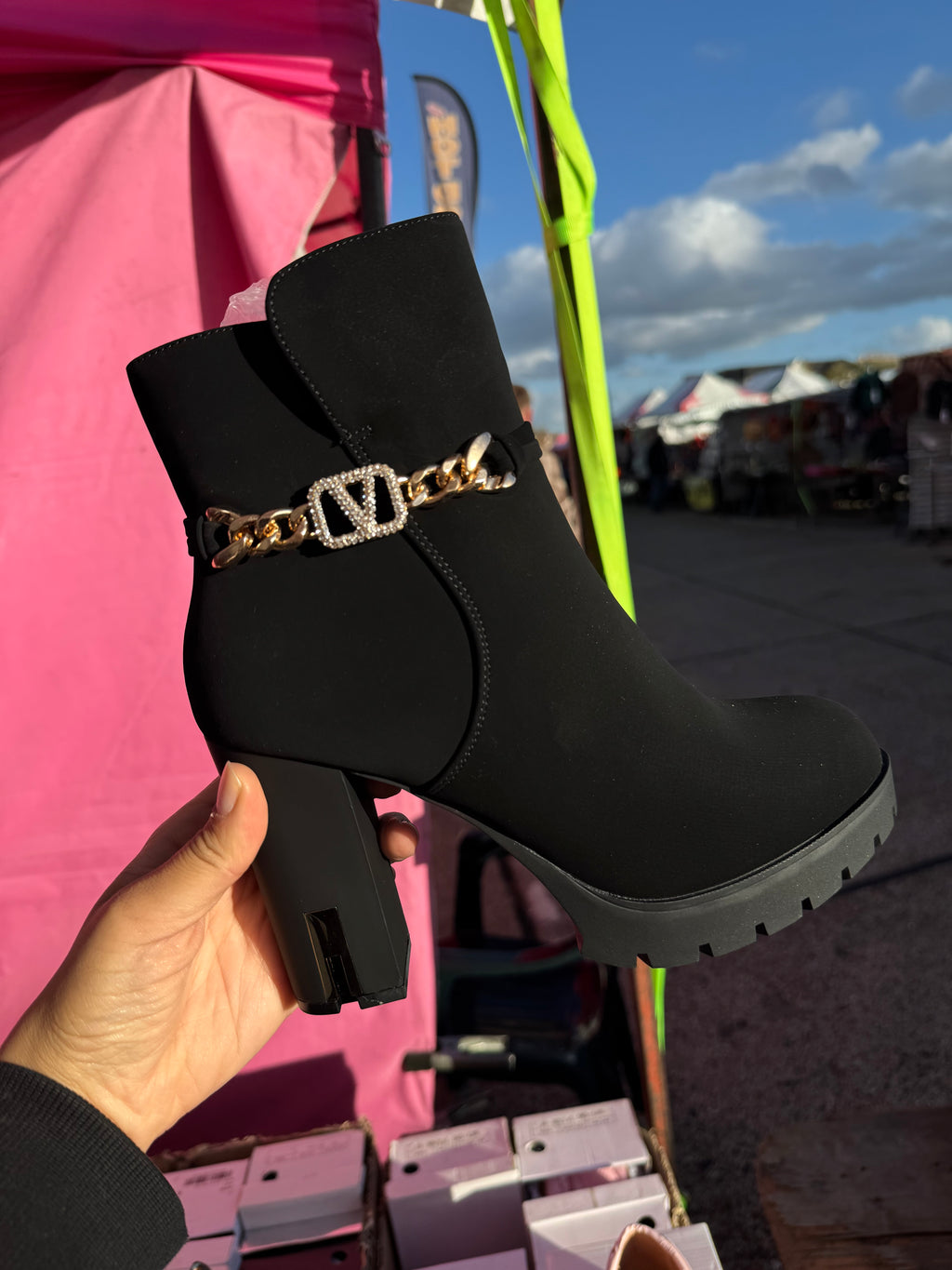 black and gold diamante v chain ankle boots with gold heel accent