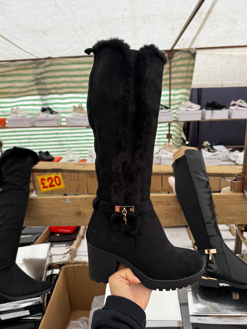 Knee high boots black and gold accent