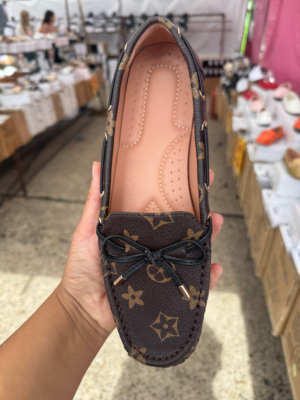 Brown loafers with star pattern ladies padded shoes with bow details