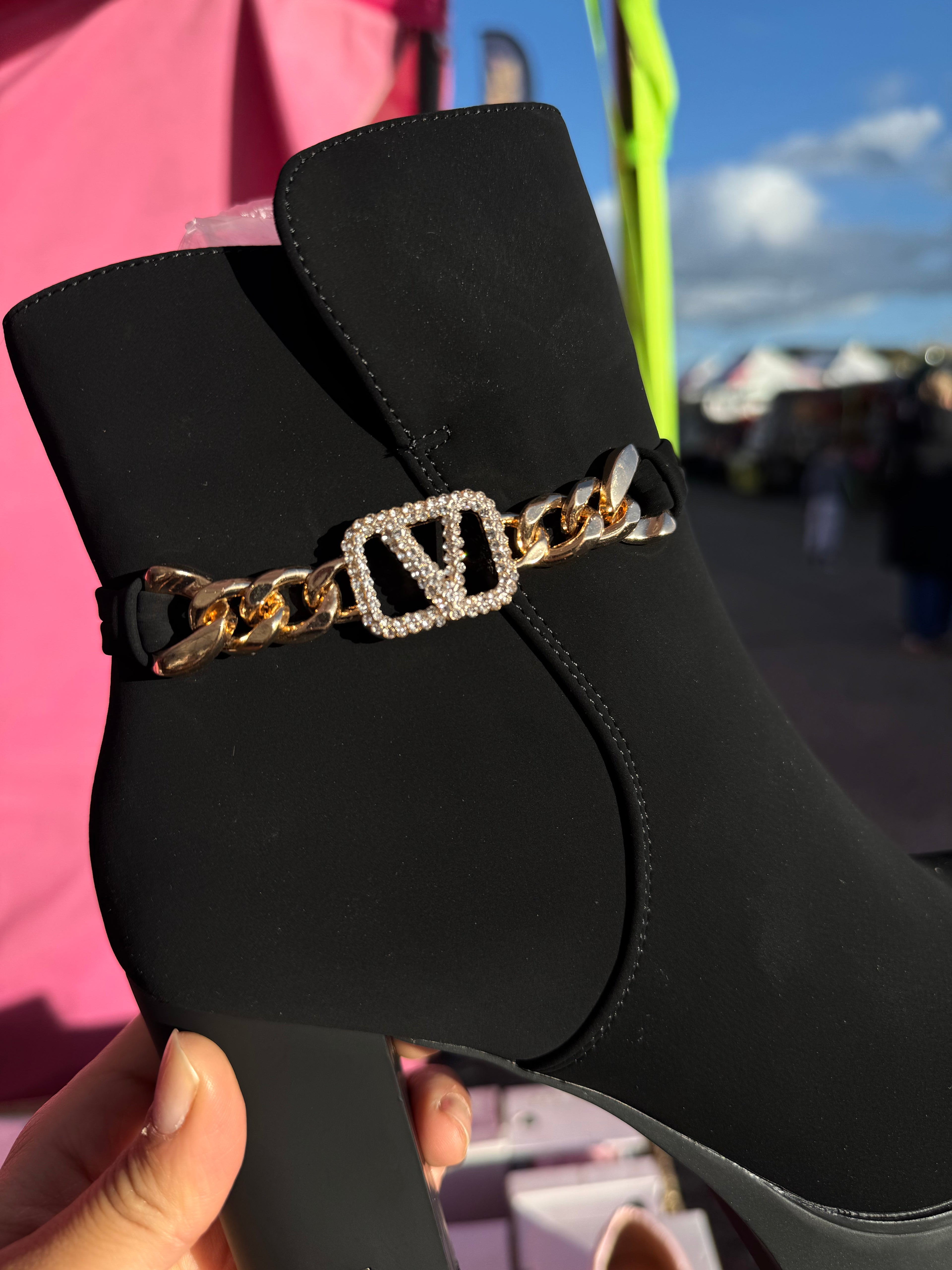 black and gold diamonte v chain ankle boots with gold heel accent